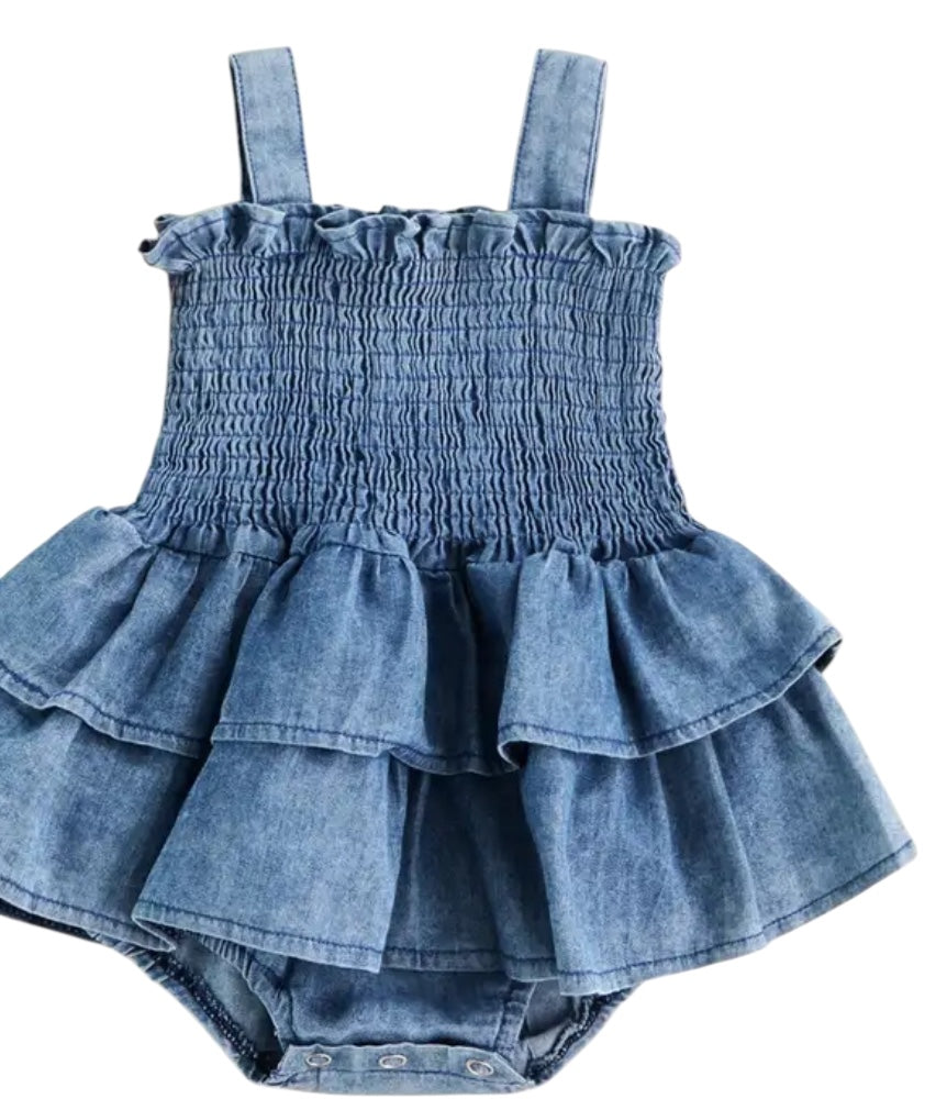 BT Smocked denim romper dress